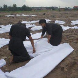 A potent image showing the somber task of wrapping the discovered bodies with cloth for respectful handling amidst the post-tsunami ruins in Banda Aceh.