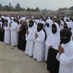 An image of masked evacuation members performing the ritual of final prayers for the victims of the tsunami in Banda Aceh, embodying a sense of respect, humanity, and compassion amidst the tragedy.