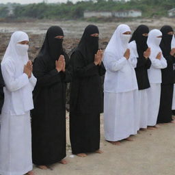 An image of masked evacuation members performing the ritual of final prayers for the victims of the tsunami in Banda Aceh, embodying a sense of respect, humanity, and compassion amidst the tragedy.