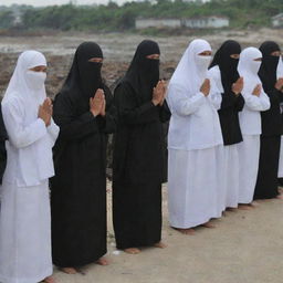 An image of masked evacuation members performing the ritual of final prayers for the victims of the tsunami in Banda Aceh, embodying a sense of respect, humanity, and compassion amidst the tragedy.