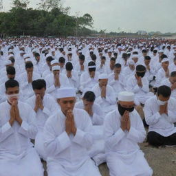 An image of masked evacuation members performing the ritual of final prayers for the victims of the tsunami in Banda Aceh, embodying a sense of respect, humanity, and compassion amidst the tragedy.