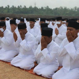 An image of masked evacuation members performing the ritual of final prayers for the victims of the tsunami in Banda Aceh, embodying a sense of respect, humanity, and compassion amidst the tragedy.