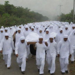 A powerful image of post-prayer scenes, showing the evacuation team carrying the shrouded bodies of the tsunami victims towards their final resting place, the cemetery, in Banda Aceh.