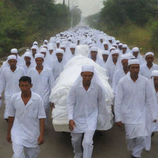 A powerful image of post-prayer scenes, showing the evacuation team carrying the shrouded bodies of the tsunami victims towards their final resting place, the cemetery, in Banda Aceh.