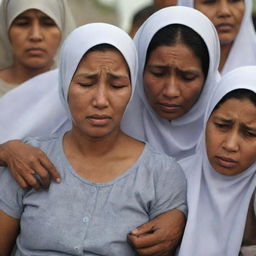 A poignant image capturing the grief-stricken faces of family members mourning the loss of their loved ones amidst the dire aftermath of the Banda Aceh tsunami.