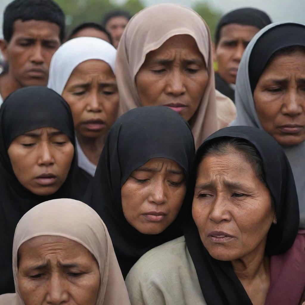 A poignant image capturing the grief-stricken faces of family members mourning the loss of their loved ones amidst the dire aftermath of the Banda Aceh tsunami.