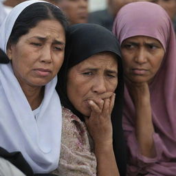 A poignant image capturing the grief-stricken faces of family members mourning the loss of their loved ones amidst the dire aftermath of the Banda Aceh tsunami.