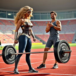 In a vibrant Track and Field Stadium, the scene captures Wonder Woman, who has beautiful blonde curly hair, perfectly executing a powerful deadlift
