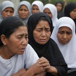 A poignant image capturing the grief-stricken faces of family members mourning the loss of their loved ones amidst the dire aftermath of the Banda Aceh tsunami.