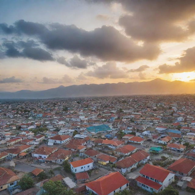 A lively and bustling panorama of the city Banda Aceh, Indonesia, showcasing its beautiful landmarks, traditional houses, vibrant markets and lush green surroundings under a breathtaking sunset.