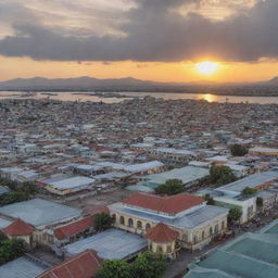 A lively and bustling panorama of the city Banda Aceh, Indonesia, showcasing its beautiful landmarks, traditional houses, vibrant markets and lush green surroundings under a breathtaking sunset.