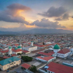 A lively and bustling panorama of the city Banda Aceh, Indonesia, showcasing its beautiful landmarks, traditional houses, vibrant markets and lush green surroundings under a breathtaking sunset.