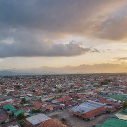 A lively and bustling panorama of the city Banda Aceh, Indonesia, showcasing its beautiful landmarks, traditional houses, vibrant markets and lush green surroundings under a breathtaking sunset.