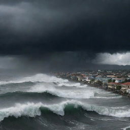 An illustration of the city of Banda Aceh dramatically facing a powerful incoming tsunami wave, with dark stormy skies above. The depiction respects the historical tragedy while emphasizing the resilience of the city.