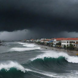 An illustration of the city of Banda Aceh dramatically facing a powerful incoming tsunami wave, with dark stormy skies above. The depiction respects the historical tragedy while emphasizing the resilience of the city.