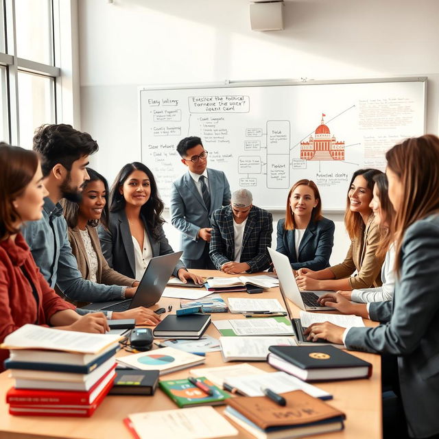 An educational scene depicting the Foundations of Political Science specifically tailored for law students