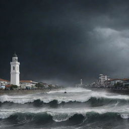 An illustration of the city of Banda Aceh dramatically facing a powerful incoming tsunami wave, with dark stormy skies above. The depiction respects the historical tragedy while emphasizing the resilience of the city.