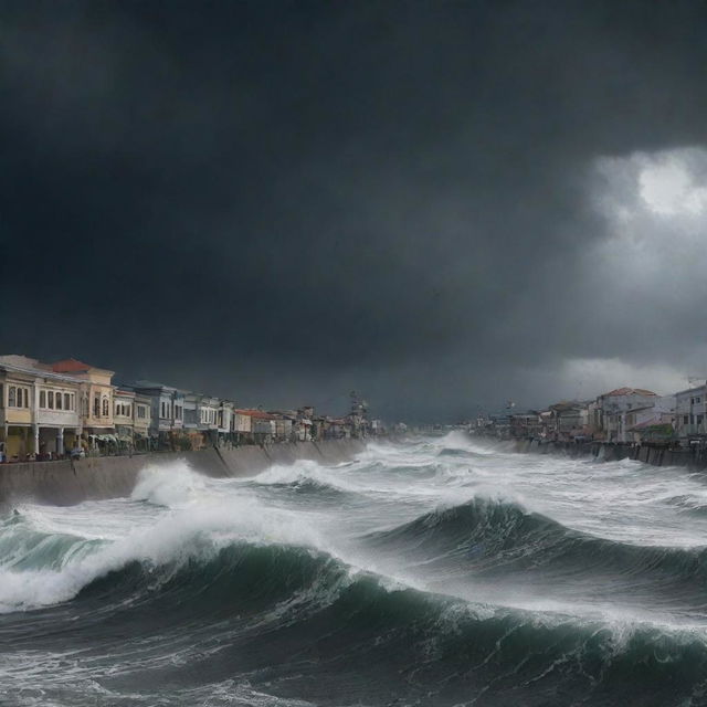 An illustration of the city of Banda Aceh dramatically facing a powerful incoming tsunami wave, with dark stormy skies above. The depiction respects the historical tragedy while emphasizing the resilience of the city.