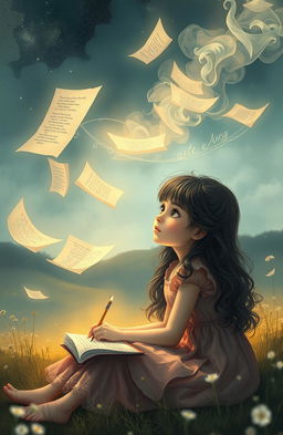 A dreamy and whimsical representation of a young girl sitting in a serene environment, surrounded by floating pages and swirling ink