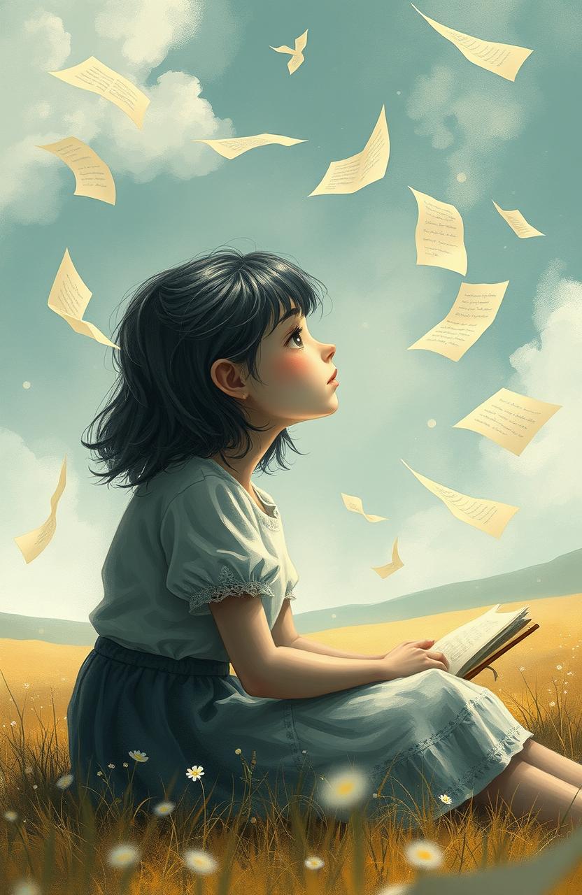 A dreamy and whimsical representation of a young girl sitting in a serene environment, surrounded by floating pages and swirling ink