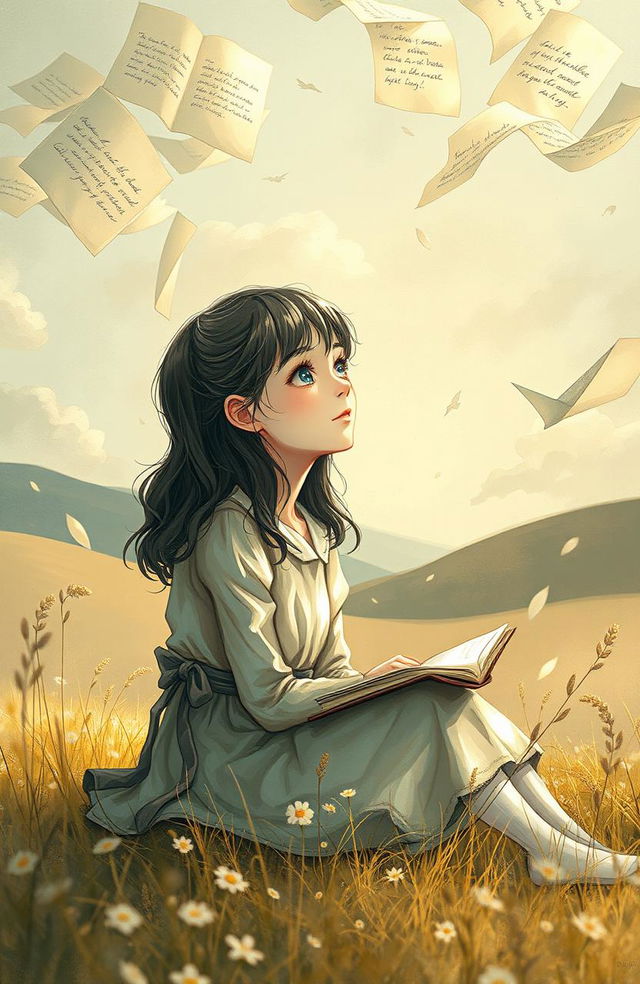 A dreamy and whimsical representation of a young girl sitting in a serene environment, surrounded by floating pages and swirling ink