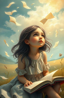 A dreamy and whimsical representation of a young girl sitting in a serene environment, surrounded by floating pages and swirling ink