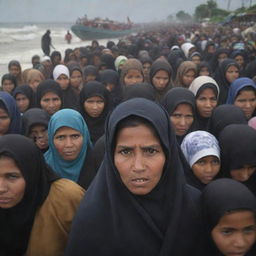 Modify the previous image to include people of Banda Aceh fleeing in all directions, their faces filled with determination and resilience, against the backdrop of the impending tsunami.