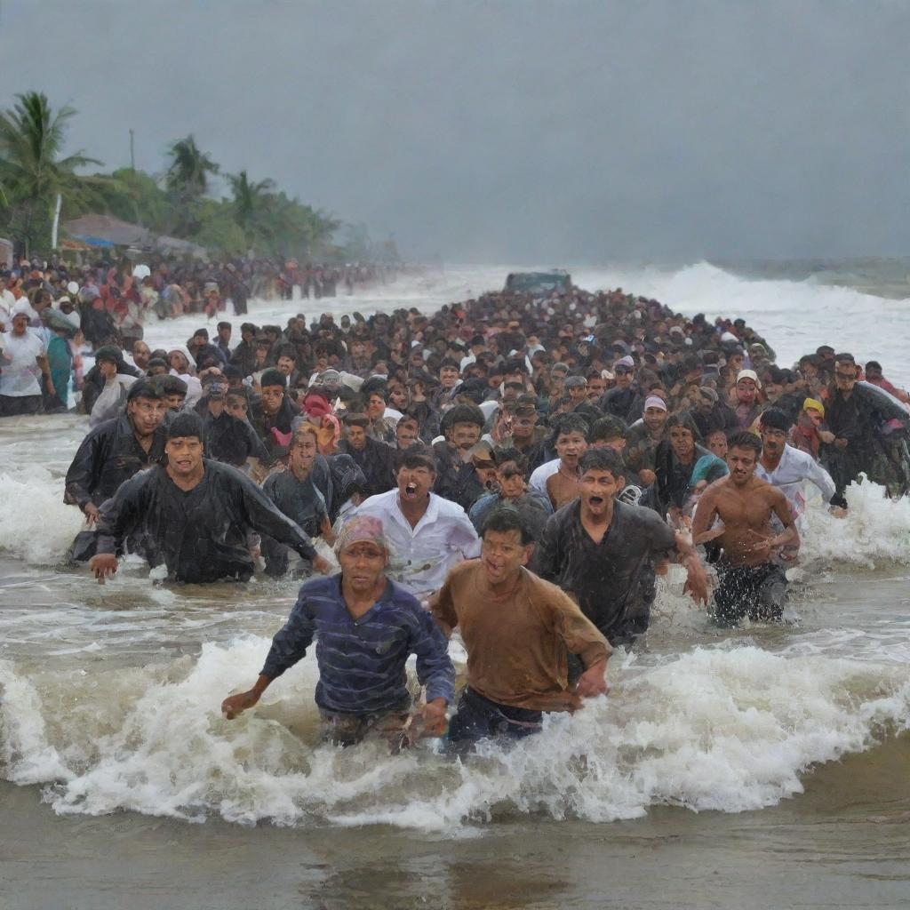 Modify the previous image to include people of Banda Aceh fleeing in all directions, their faces filled with determination and resilience, against the backdrop of the impending tsunami.