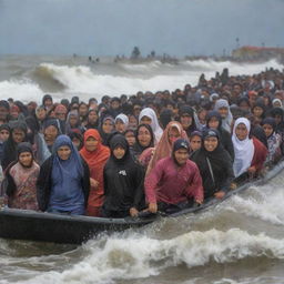 Modify the previous image to include people of Banda Aceh fleeing in all directions, their faces filled with determination and resilience, against the backdrop of the impending tsunami.