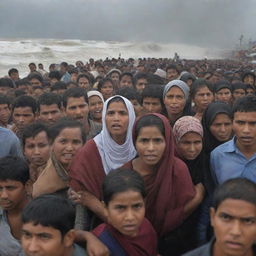 Modify the previous image to include people of Banda Aceh fleeing in all directions, their faces filled with determination and resilience, against the backdrop of the impending tsunami.