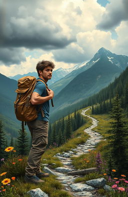 A detailed depiction of a realist's journey, illustrating a rugged landscape with mountains in the background, a winding path leading through dense forests, and a lone traveler with a worn backpack, dressed in practical hiking attire