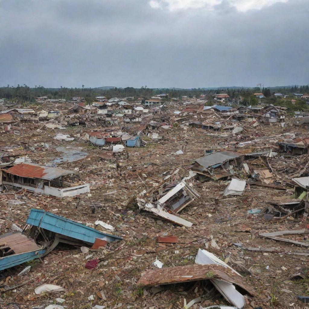 Alter the existing image to illustrate the devastating aftermath of the tsunami. Depict crumbled houses, wrecked ships, and debris scattered around Banda Aceh, serving as a stern reminder of nature's power.