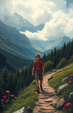 A detailed depiction of a realist's journey, illustrating a rugged landscape with mountains in the background, a winding path leading through dense forests, and a lone traveler with a worn backpack, dressed in practical hiking attire