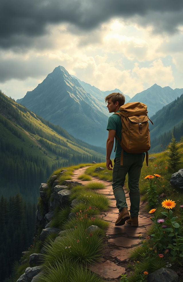 A detailed depiction of a realist's journey, illustrating a rugged landscape with mountains in the background, a winding path leading through dense forests, and a lone traveler with a worn backpack, dressed in practical hiking attire