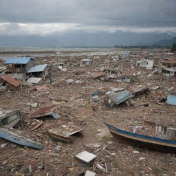 Alter the existing image to illustrate the devastating aftermath of the tsunami. Depict crumbled houses, wrecked ships, and debris scattered around Banda Aceh, serving as a stern reminder of nature's power.