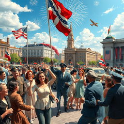 A realistic depiction of the celebration marking the end of World War II, with a vibrant atmosphere full of joy and relief