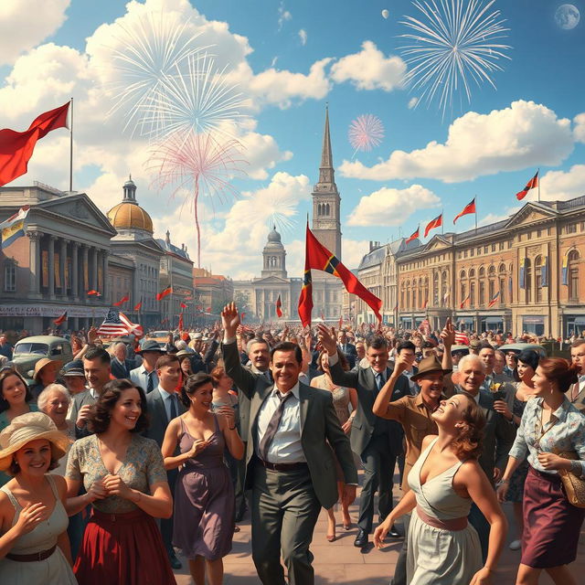 A realistic depiction of the celebration marking the end of World War II, with a vibrant atmosphere full of joy and relief