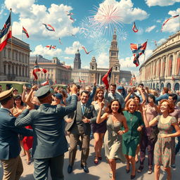 A realistic depiction of the celebration marking the end of World War II, with a vibrant atmosphere full of joy and relief