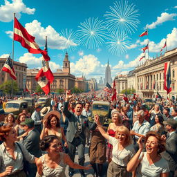 A realistic depiction of the celebration marking the end of World War II, with a vibrant atmosphere full of joy and relief