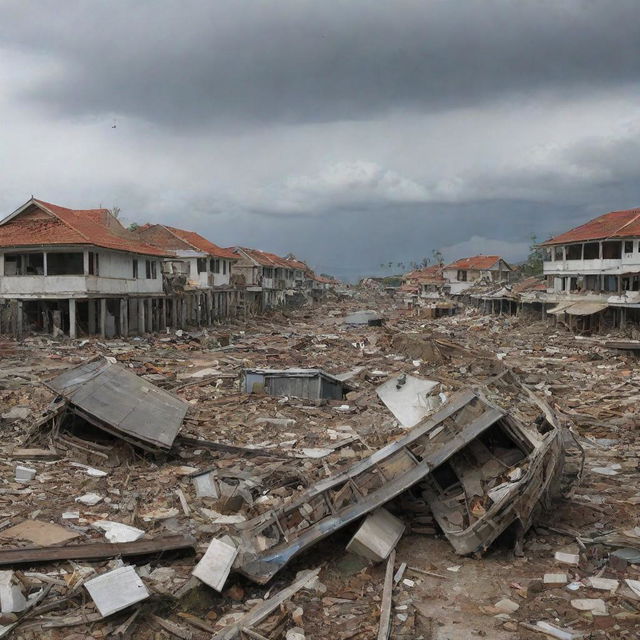 Alter the existing image to illustrate the devastating aftermath of the tsunami. Depict crumbled houses, wrecked ships, and debris scattered around Banda Aceh, serving as a stern reminder of nature's power.