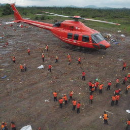 Update the existing image to reflect the arrival of rescue and evacuation teams in Banda Aceh post-tsunami. Show helicopters, rescue boats, and dedicated volunteers working tirelessly amidst the devastation.