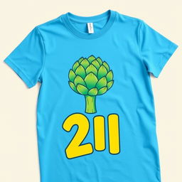 A vibrant blue t-shirt featuring a playful graphic of an artichoke with the number '21' boldly displayed beneath it