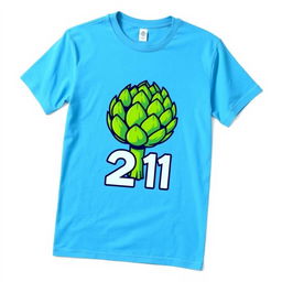 A vibrant blue t-shirt featuring a playful graphic of an artichoke with the number '21' boldly displayed beneath it