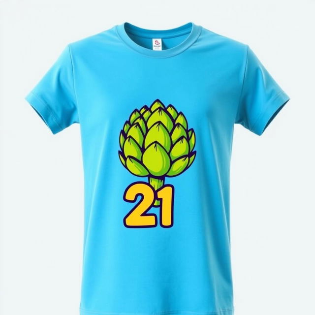 A vibrant blue t-shirt featuring a playful graphic of an artichoke with the number '21' boldly displayed beneath it