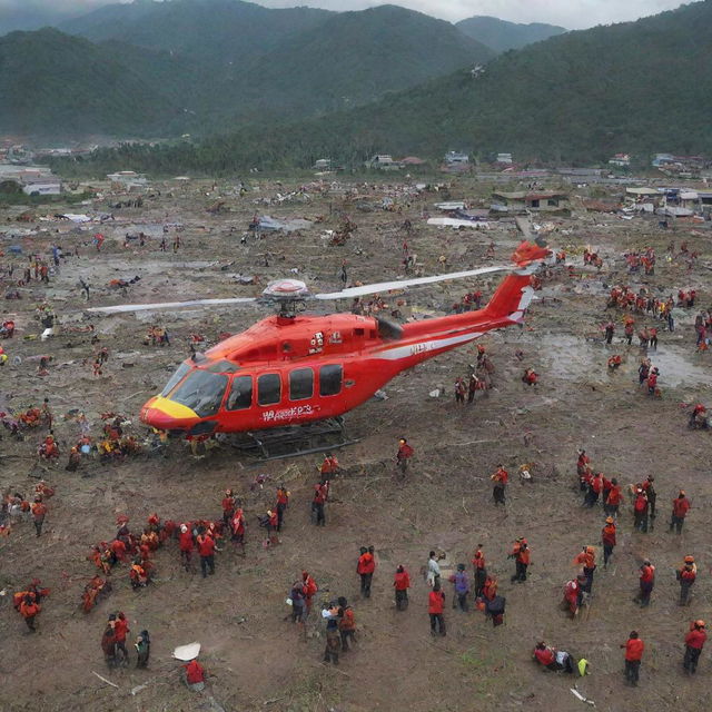 Update the existing image to reflect the arrival of rescue and evacuation teams in Banda Aceh post-tsunami. Show helicopters, rescue boats, and dedicated volunteers working tirelessly amidst the devastation.