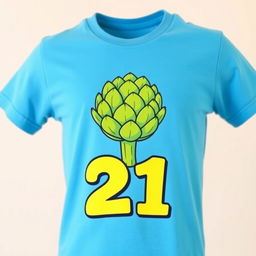 A vibrant blue t-shirt featuring a playful graphic of an artichoke with the number '21' boldly displayed beneath it
