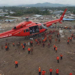 Update the existing image to reflect the arrival of rescue and evacuation teams in Banda Aceh post-tsunami. Show helicopters, rescue boats, and dedicated volunteers working tirelessly amidst the devastation.