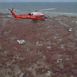 Update the existing image to reflect the arrival of rescue and evacuation teams in Banda Aceh post-tsunami. Show helicopters, rescue boats, and dedicated volunteers working tirelessly amidst the devastation.