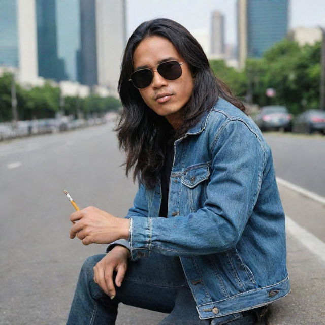 A young Indonesian man with long hair, wearing black sunglasses, a denim jacket and jeans, and boots, sitting on a sidewalk holding a cigarette, with city traffic as the backdrop.