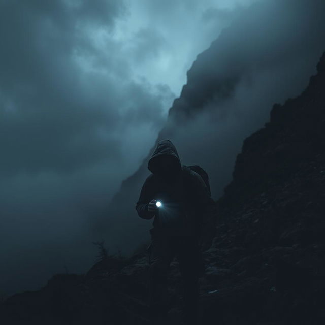 A moody and atmospheric scene of a man journeying into dark mountains, enveloped in mist and shadows